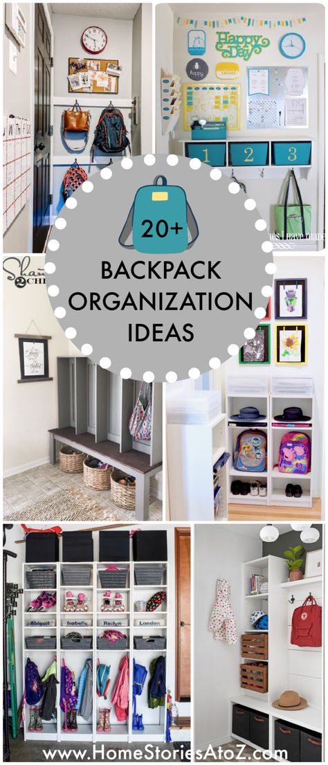 Hallway School Bag Storage, Backpack Station At Home Diy, Backpack Spot At Home, School Bags Storage Ideas, School Bag Station At Home, Home Backpack Storage, Backpack Storage Wall, Book Bag And Coat Storage, Organize School Bag