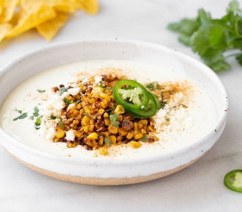 Elote Queso, Easy Elote, Roast Corn, Queso Dip, Cotija Cheese, White Cheddar Cheese, Roasted Corn, Fresh Cilantro, Tortilla Chips