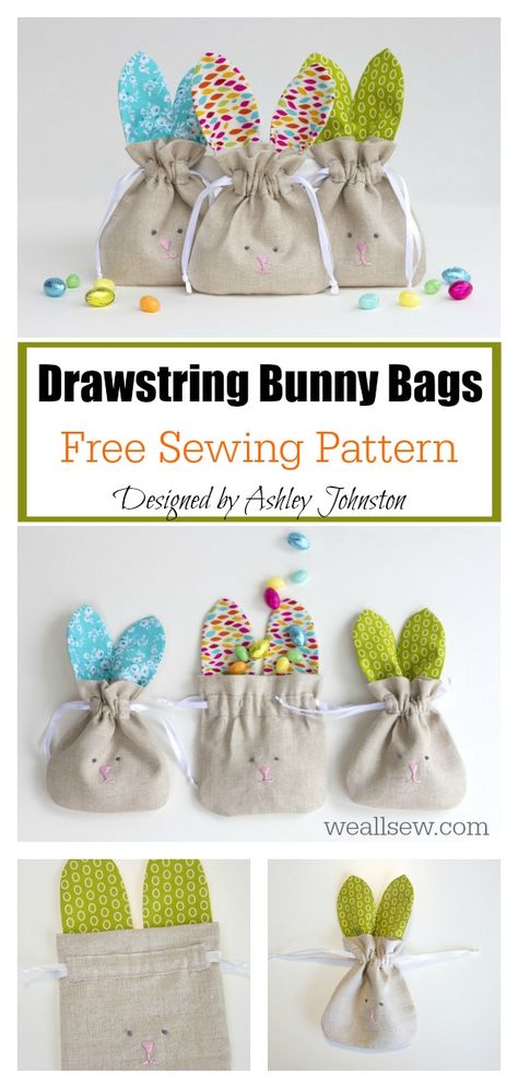 Drawstring Bunny Bags Free Sewing Pattern #Startsewingfreepattern #easysewingproject #easterbunny Sewing Easter Projects, Diy – Velikonoce, Diy Sy, Easter Treat Bags, Bunny Treats, Easter Bags, Bunny Bags, Fabric Sewing Patterns, Trendy Sewing