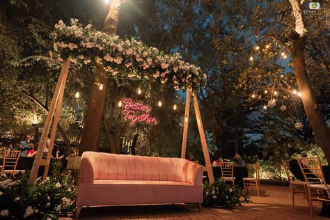 "Capturing the melodies of love in every snapshot at our Sangeet ceremony Photo Booth, where flowers, a cozy sofa, and a 'Better Together' LED sign unite in perfect harmony. 🌸🛋️💞 #SangeetCeremony #PhotoBoothMemories #BetterTogether" Sangeet Photobooth, Men Ethnic Wear India, Sangeet Decor, Sangeet Ceremony, Men's Ethnic Wear, Cozy Sofa, Booth Ideas, Led Sign, Wedding Stage