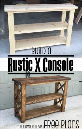 Build this easy fun DIY Rustic X Console - Free Step by Step Woodworking Plans on How to Build this Console Rustic Console Table, Rustic Console, Wood Projects For Beginners, Wood Crafting Tools, Wood Plans, Teds Woodworking, Woodworking Furniture, Easy Home Decor, Easy Woodworking Projects