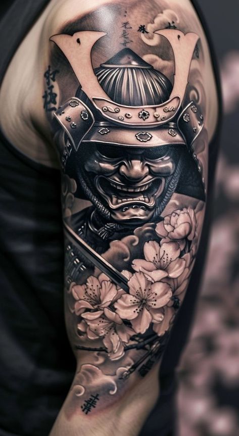 Midjourney Feed Samurai Tattoo Design Ideas For Men, Samurai Art Tattoo, Japanese Samurai Tattoo Design, Orientalism Art Tattoo, Japanese Samurai Tattoo, Shogun Tattoo, Ronin Tattoo, Samurai Mask Tattoo, Japanese Warrior Tattoo