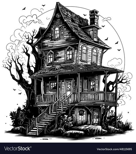 Line Drawing Practice, Creepy Haunted House, Spooky Island, Draw Background, Haunted House Drawing, House Doodle, Point Perspective, House Illustration, House Portraits