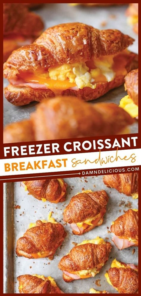 A must-have breakfast idea! It's great to make ahead and also freezer-friendly. Paired with scrambled eggs, ham, and cheese, these croissant breakfast sandwiches are filling. Prep for the week ahead with this tasty breakfast recipe! Mini Croissant Sandwiches, Croissant Breakfast Sandwiches, Crossiant Recipes, Croissant Sandwiches, Croissant Breakfast Sandwich, Mini Croissant, Ham Breakfast, Breakfast Sandwich Recipes, Freezable Meals