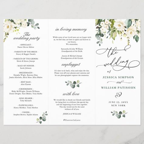 Elegant White Roses Wedding Ceremony Program Wedding Program Examples, Black People Weddings, Wedding Reception Program, Ceremony Program Template, Wedding Maids, Couples Bridal Shower, Bridal Shower Backdrop, White Roses Wedding, Wedding Ceremony Programs