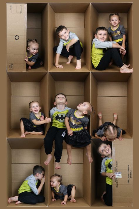 Cardboard Box Tutorial  - learn how to make these fun collages with just a simple brown box Box Collage Photography, Cardboard Box Pictures, Baby In A Box Photography, Cardboard Box Photoshoot, Box Photography Ideas, Inside The Box Photography, Cardboard Box Template, In The Box Photos, Cardboard Tutorial