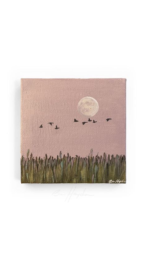 Mini acrylic painting by Brie Hayden showing geese flying over a field with a full moon in a pink sky Small Art Work, Simple Painting Gift Ideas, Painting Ideas Simple Acrylic, Simple Art To Paint, Small Painting Inspiration, Full Canvas Painting, Pink Simple Painting Ideas, Pink Simple Painting, Small Cute Painting Ideas