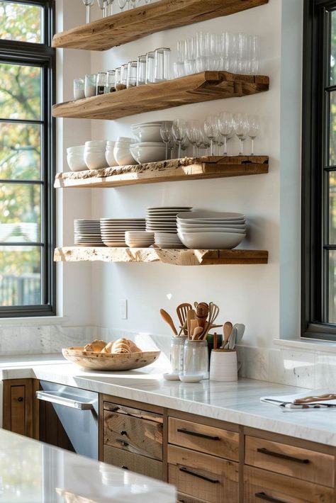 White Kitchen Cabinets Open Shelving, Kitchen Upper Shelves Ideas, Shelving Ideas Kitchen, Open Shelves Kitchen Styling, Exposed Kitchen Shelves, Kitchen With Shelves Instead Of Cabinets, Open Kitchen Shelves Styling, Open Cabinet Kitchen, Open Wood Shelves Kitchen