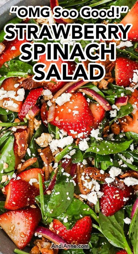 Our healthy Strawberry Spinach Salad recipe combines the perfect mix of sweet and tangy flavors, featuring fresh strawberries, crunchy spinach, creamy feta cheese, and crispy bacon all tossed in a luscious balsamic dressing. This is the ultimate side dish or lunch recipe that will leave your tastebuds begging for more! Spinach Salad Dressing, Recipes Tuna, Balsamic Dressing Recipe, Strawberry Salad Recipe, Strawberry Feta, Strawberry Spinach Salad, Pistachio Salad, Christmas Salad, Glazed Pecans