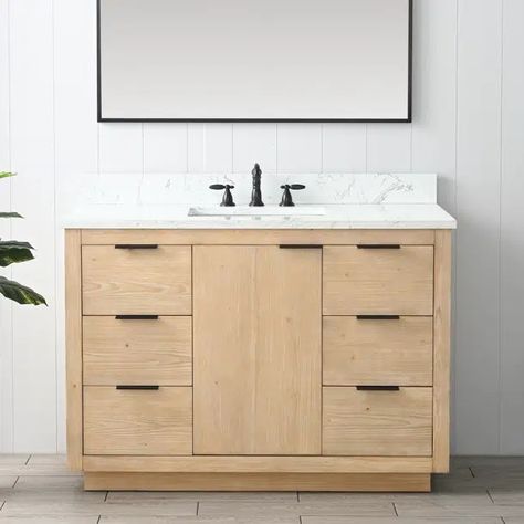 Wyndham Collection Maroni 47.25" Single Bathroom Vanity Base Only In Light Straw | Wayfair 48 Inch Bathroom Vanity, Ceramic Undermount Sink, Mid Century Bathroom, Vanity Set With Mirror, Bathroom Vanity Base, White Quartz Countertop, Vanity Base, Decorating Style, Wood Stone