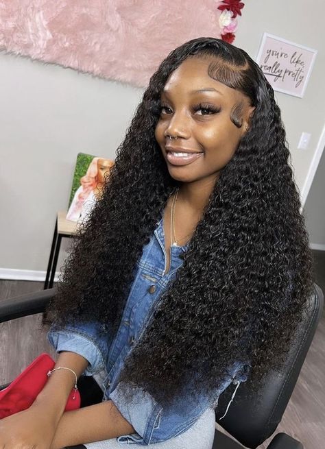 Deep Wave Wig Side Part Edges, Curly Closure Wigs For Black Women, Side Part Frontal Wig Deep Wave, Wet Curly Sew In, Jerry Curl Frontal Wig Styles, Curly Lace Front Wigs Side Part, Deepwave Frontal Hairstyles Side Part, Wet N Wavy Weave Hairstyles Black Women, Side Part Deep Wave Wig Black Women