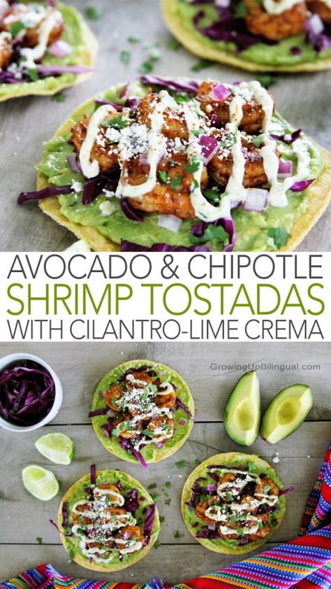 Tostadas Shrimp, Cilantro Lime Crema Recipe, Lime Crema Recipe, Cilantro Lime Crema, Shrimp Tostadas, Chipotle Shrimp, Crema Recipe, Tostada Recipes, Lime Crema