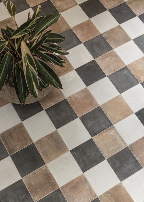 Traditional Tiles Bathroom, Plaid Tile Floor Bathroom, Bedrosians Bathroom Tile, Brown Checkered Tile Floor, Fun Tile Patterns, Terracotta Checkerboard Floor, Fun Mudroom Tile, Tile Combos For Bathroom, Sunroom Tile Floor Ideas