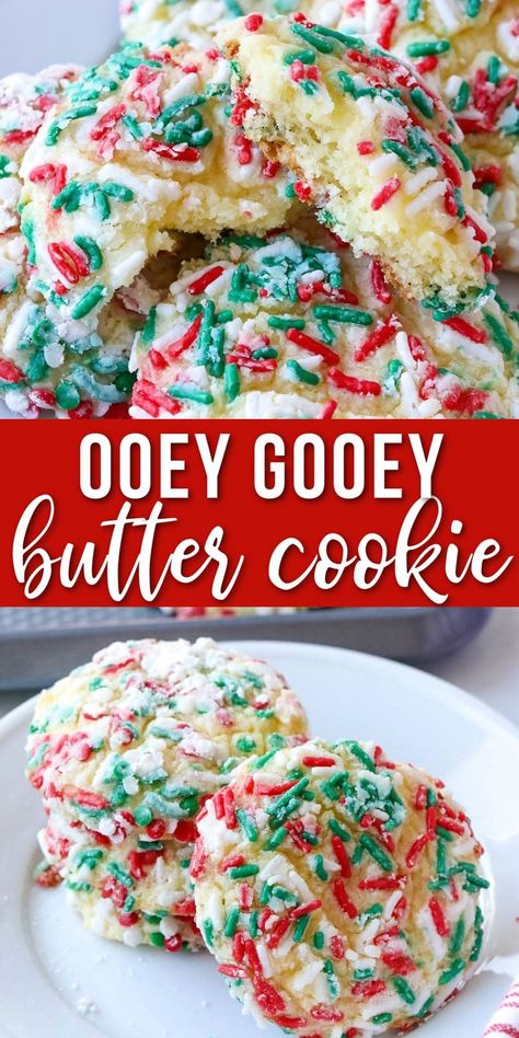 butter cookies on a plate Ooey Gooey Christmas Cookies, Ooey Gooey Butter Cookies, Christmas Cookies Recipe, Christmas Cookie Recipes Holiday, Christmas Yummies, Gooey Butter Cookies, Christmas Baking Cookies, Gooey Butter, Easy Christmas Cookie Recipes