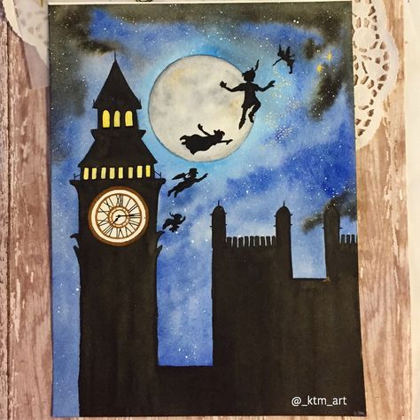 Disney Landscape Painting, Disney Silhouette Painting, Tinker Bell Painting On Canvas, Peter Pan Acrylic Painting, Peter Pan Painting, Cinderella Acrylic Painting, Peter Pan Silhouette, Disney Canvas Paintings, Mini Toile