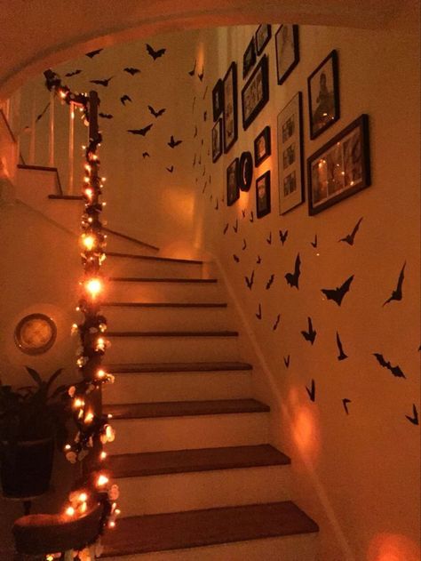 Halloween House Astethic, Decorate Apartment For Fall, Halloween Aesthetic House Decor, Aesthetic Halloween Decorations Diy, Coat Rack Halloween Decor, Halloween Decorations Small House, Stairwell Halloween Decor, Tacky Halloween Decorations, Diy Halloween House Decor