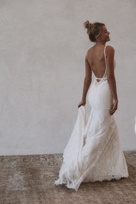 Crepe Fitted Wedding Dress, Made With Love Harlow, Strap Wedding Dress, Low Back Wedding Dress, Made With Love Bridal, Wedding Dress Low Back, Spaghetti Strap Wedding Dress, Open Back Wedding Dress, Wedding Dresses With Straps