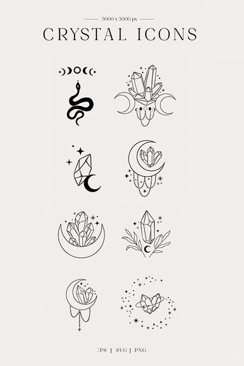 Moon And Crystals Tattoo, Moon Crystal Tattoo, Witchy Logo, Astrology Png, Crystal Illustration Graphic Design, Astrology Logo Design Symbols, Celestial Elements Illustration, Small Symbol Tattoos, Crystal Illustration