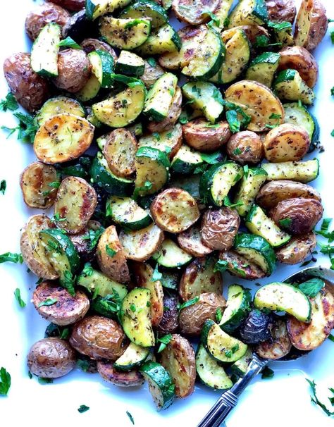 Roasted Potatoes and Zucchini - The Menu Maid Roasted Potatoes And Zucchini, Oven Roasted Squash, Potatoes And Zucchini, Roasted Zucchini And Squash, Baked Red Potatoes, Oven Roasted Zucchini, Zucchini In The Oven, Zucchini Side Dishes, Roasted Baby Potatoes