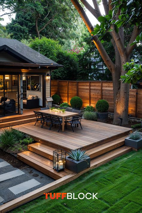 Backyard Ideas With Deck, Deck With Garden, Deck With Garden Beds, Landscape Modern Design, Rustic Decking, Decking Areas In Garden, Backyard Patio Designs With Trees, Small Backyard Deck, Home Construction Ideas