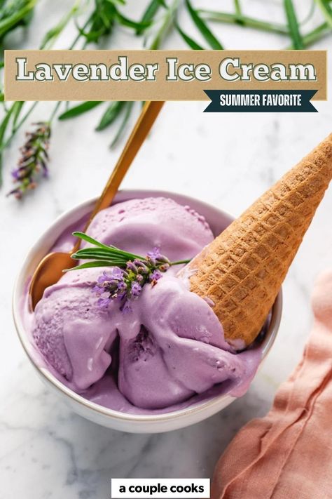 This lavender ice cream recipe is a summer favorite, soft and creamy with a natural bright color! Blueberries make the lovely color and add a tangy flavor that accents the floral notes of the lavender. We love serving this purple ice cream to guests: everyone goes crazy for it! Cold Dip Recipes, Lavender Ice Cream, Winter Salad Recipes, Vegan Recipes Plant Based, Vegan Summer Recipes, Healthy Brunch Recipes, Culinary Lavender, Couple Cooking, Winter Desserts