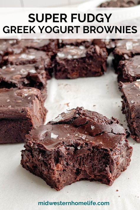 Crush your chocolate cravings with Fudgy Greek Yogurt Brownies. This easy one-bowl brownie recipe is lightened up with Greek yogurt, yet loaded with chocolate to create ooey-gooey thick, dense, dark chocolate brownies that bake in about 20 minutes. #healthybrownierecipe #healthydesserts #healthybrownies #fudgybrownies #brownierecipes #bestbrownierecipe Yogurt Brownies, Greek Yogurt Brownies, Dark Chocolate Brownies, Healthy Brownies, Greek Yogurt Recipes, Protein Desserts, Bar Recipes, Brownie Recipe, Ooey Gooey