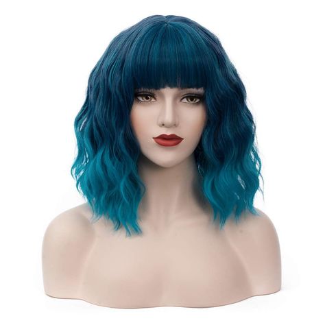 BUFASHION 14" Women Short Wavy Curly Wig Ombre Blue Bob Wig Cosplay Halloween Synthetic Wigs With... | Amazon (US) Blue Ombre Wig, Black And White Wig, Rainbow Wig, Air Bangs, Bangs Wig, Party Wig, Wig Party, Blue Wig, Barbie Hair