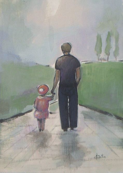 Father and Daughter Walk - OOAK original acrylic painting on cradled wood panel - figurative painting Father And Daughter, Figurative Painting, Paint By Numbers, Types Of Painting, Wood Panel, Learn To Paint, Simple Art, Canvas Home, Paint Set