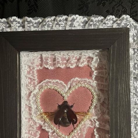 *゜ﾟ･ Bitter Beetlez ･゜ﾟ* on Instagram: "Rhino beetle Shadow Frame 🎀💗 Handmade and one of a kind. Rhino beetle on a heart doily with lace and pearls <3 made with love $165 + shipping or pickup for free in broward/dade . . . Tags: #bugs #oddities #insects #entomology #curiosities #curiosidades #framedbugs #framedart #oddcore #odd #creepycore #shadowbox #vultureculture #insectpinning #insectsofinstagram #cottagecore #pinkaesthetic #bimbocore #barbie #lace #ballerinacore #beetle" Bug Diorama, Bug Preservation, Spider Taxidermy, Oddities Aesthetic, Insect Decorations, Taxidermy Bugs, Insect Aesthetic, Bug Pinning, Insect Pinning