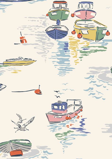 Sea View | A watercolour look out to sea complete with bobbing row boats and seagulls | Cath Kidston S16 Boat Illustration Design, Kids Prints Design, Kids Wallpaper Pattern, Kids Pattern Design, Seaside Illustration, Cath Kidston Patterns, Nautical Illustration, Cath Kidston Fabric, Nautical Aesthetic