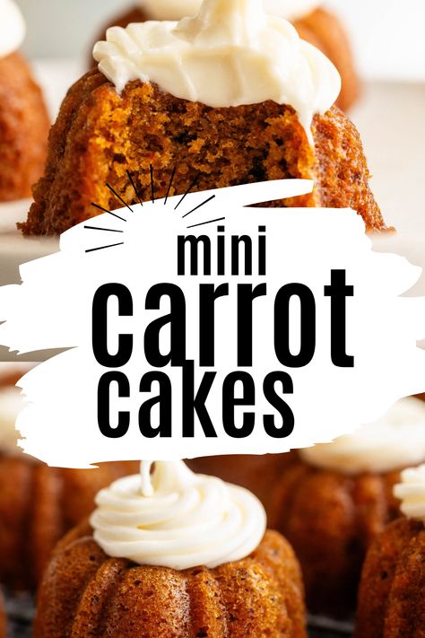 Our mini carrot cakes are topped with crunchy walnuts and homemade cream cheese frosting. They're prepared in a mini Bundt cupcake pan, making them the perfect size. Mini Bundt Carrot Cakes, Individual Carrot Cake, Mini Carrot Cake Cupcakes, Carrot Cake Mini, Carrot Cake Bundt, Mini Carrot Cakes, Carrot Cake Topping, Pumpkin Bundt Cake Recipes, Mini Bundt Cakes Recipes