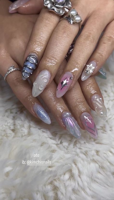 3d Aura Nails, Glitter Aura Nails, Silver 3d Nails, Chrome Rhinestone Nails, Aura Nails With Charms, Aura Nails With Silver, Aura Almond Nails, Aura Chrome Nails, Chrome Aura Nails