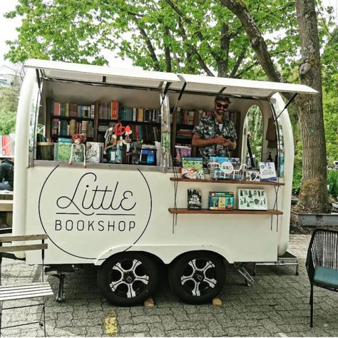 Magical Bookshops - The Shopkeepers Camper Bookstore, Rv Business Ideas, Unique Book Stores, Book Mobile Truck, Small Book Store Design, Book Display For Craft Show, Pop Up Shop Book Display Ideas, Trailer Library, Camper Library