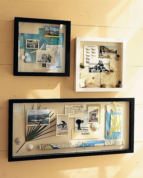 Travel Photo Collage, Diy Photo Collage, Perete Accent, Cadre Diy, Souvenir Collection, Frame Collage, Shells Diy, Diy Shadow Box, Travel Keepsakes