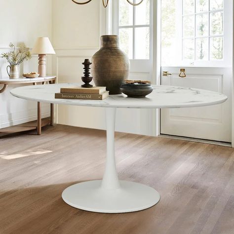 Corrigan Studio® OVAL Dining Table | Wayfair White Oval Dining Table, Oval Dining Table, White Dining Table, Marble Dining, Oval Table Dining, Oval Table, Pedestal Dining Table, Dining Table Marble, Pedestal Table