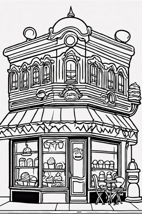 Dive into the sweetness with our Charming Bakery Coloring Page! Imagine bringing to life a delightful shop filled with scrumptious cakes and yummy cupcakes, adorned with a fancy roof and plenty of windows. This fun and creative activity not only promotes artistic skills but also celebrates the joy of baking! Perfect for kids and adults alike, grab your color pencils and create your own deliciously colored bakery scene. Ideal for relaxing afternoons and sparking creativity. Bakery Coloring Pages, Joy Of Baking, Ice Cream Coloring Pages, Cute Bakery, Detailed Coloring Pages, Ice Cream Treats, Color Pencils, Bakery Shop, Colouring Techniques