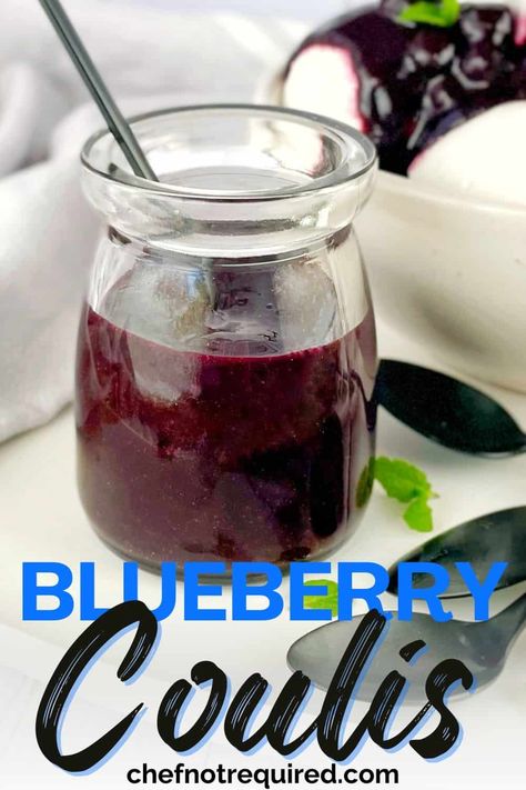 My super easy blueberry coulis sauce is the perfect sweet fruit sauce match for your next dessert! Drizzle it over cheesecake or a stack of fluffy pancakes or waffles. Made in just 15 minutes, this quick coulis recipe uses frozen blueberries too so no trips to the shops, and it's a lot easier than it sounds! #chefnotrequired #blueberrycoulis #coulis #blueberries Berry Coulis Recipes, Blueberry Coulis Sauce, Blueberry Sauce For Cake, Fruit Coulis, Blueberry Sauce Easy, Blueberry Drizzle Sauce, Simple Blueberry Sauce, Blueberry Reduction, Blueberry Coulis