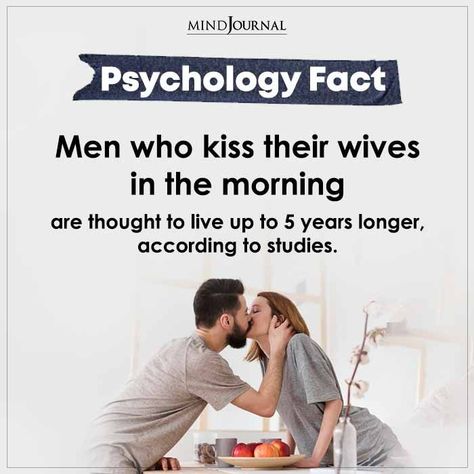 Men who kiss their wives in the morning are thought to live up to 5 years longer, according to studies. #facts #psychology #men #wife Quotes Personality, Interesting Facts About Humans, Facts Psychology, Conversation Starter Questions, Physiological Facts, Psychological Facts Interesting, Paragraphs For Him, Personality Tests, Basic Anatomy And Physiology