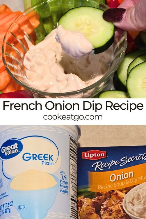 French Onion Greek Yogurt Dip is the perfect snack! It's a healthier twist on the classic French onion dip, made with creamy nonfat Greek yogurt. This dip is packed with flavor from caramelized onions and a hint of garlic, making it great for veggies, chips, or crackers. Use Lipton Onion Soup packets to make this lowfat, low calorie, keto, and Zero Weight Watchers Points! Pin this to your dips recipes Pinterest board for later. Greek Yogurt Onion Dip Recipe, Chip Dip With Greek Yogurt, Dips Using Plain Greek Yogurt, Low Calorie Veggie Dip Recipes, Healthy French Onion Dip, Greek Yogurt Onion Dip, Weight Watchers Veggie Dip, Low Cal Veggie Dip, French Onion Soup Dip Recipe