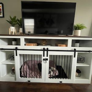 Rustic Dog Kennel, Dog Kennel Entertainment Center, Kennel Entertainment Center, Small Dog Kennel, West Elm Style, Double Dog Kennel, Custom Dog Crate, Custom Dog Kennel, Double Dog Crate