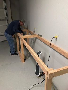 Basement Work Bench Ideas, Garage Work Bench Plans, Corner Workbench Ideas, Workbench Ideas Garage, Built In Workbench, Woodshop Workbench Ideas, Space Saving Workbench Ideas, Garage Bench Workbenches, 2 Car Garage Workshop Layout