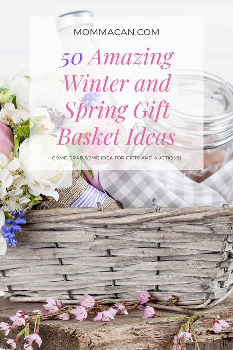 50 Spring and Winter gift basket ideas for auctions or just plain give giving. Celebrate the moments with a sweet gift basket this spring to family and friends. Pin this for reference. Happy Gifting! Spring Raffle Basket Ideas, Spring Basket Ideas, Spring Gift Basket Ideas, Winter Gift Basket Ideas, Brunch Gift Basket, Spring Gift Basket, Winter Gift Basket, Brunch Gifts, Silent Auction Baskets