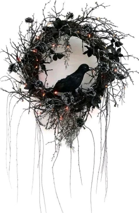 Halloween Twig Wreath, Crow Halloween Decorations, Raven Halloween Decor Outdoor, Raven Wreath, Crow Wreath, Crows Ravens Halloween Decor, Black Crows Halloween Decor, Halloween Raven Decor, Raven Wreath Halloween