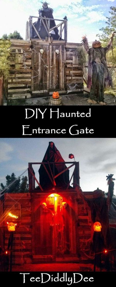 DIY Haunted Entrance Gate for Halloween Fog Chiller, Haunted Trail Ideas, Haunted Maze, Halloween Maze, Scary Halloween Decorations Outdoor, Halloween Haunted House Decorations, Haunted House Diy, Scary Haunted House, Haunted House Decorations