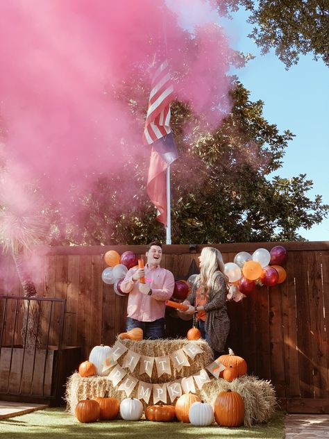 Halloween Pumpkin Gender Reveal, Hay Bale Gender Reveal, Gender Reveal Ideas For Party Pumpkin, What Will Pumpkin Be, Pumpkin Gender Reveal Balloon Arch, Pumpkin Gender Reveal Centerpieces, Fall Gender Reveal Centerpieces, Pumpkin Baby Gender Reveal Ideas, Boho Fall Gender Reveal