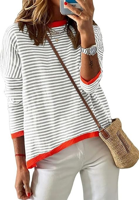 TimeMark Womens Crewneck Long Sleeve Sweaters Casual Striped Color Block Drop Shoulder Cotton Pullover Jumpers Tops (Small,Navy) at Amazon Women’s Clothing store Fall Sweaters For Women, Oversized Striped Sweater, Color Block Shirts, Drop Shoulder Sweaters, Long Sleeve Pullover Sweater, Long Sleeve Knit Sweaters, Womens Crewneck, Casual Stripes, Cotton Pullover