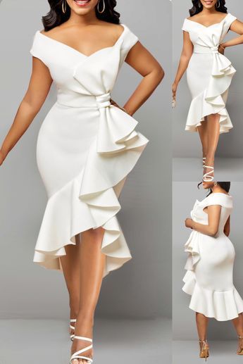 This white dress has ruffle, bowknot, and mermaid design elements. It's perfect for summer and elegant evening events. Made of 97% polyester and 3% spandex, it has short sleeves and an off-shoulder neckline. The package includes one dress that can be hand or machine washed. #womenfashion #womenstyle #womenwear #womenclothing #beauty #partydress #dress #party #eveningdress #sexydress #fashion #style #stylish #dress #outfit White Party Gowns Elegant Classy, Beautiful Neckline Designs, White Dresses For Church, Short White Gown, White Dress For Church, White Gowns Elegant Classy, White Short Gown, White Party Outfits Women, White Dress Modest