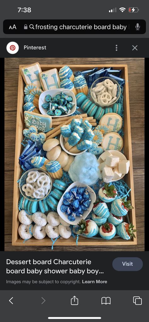 Gender Reveal Platter Ideas, Teal Snacks, Snacks For Baby Shower Boy, Charcuterie Board For Baby Shower Boy, Teal Desserts, Blue Snack Board, Baby Boy Shower Dessert Table, Boy Baby Shower Dessert Table, Baby Boy Tea Party Shower Ideas