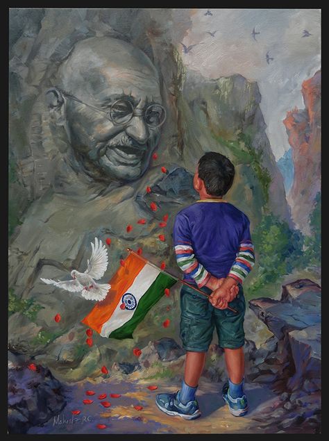 Grey Oil Painting, Rc Oil, महात्मा गांधी, Independence Day Drawing, Meaningful Paintings, Composition Drawing, India Painting, Drawing Competition, Independence Day India