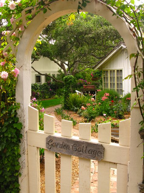 Cottage Charm - My dream home, dream garden and dream entrance complete with climbing roses. Fairytale Cottage, Pergola Design, White Picket Fence, Dream Cottage, Climbing Roses, Picket Fence, Garden Cottage, Country Gardening, Garden Gates